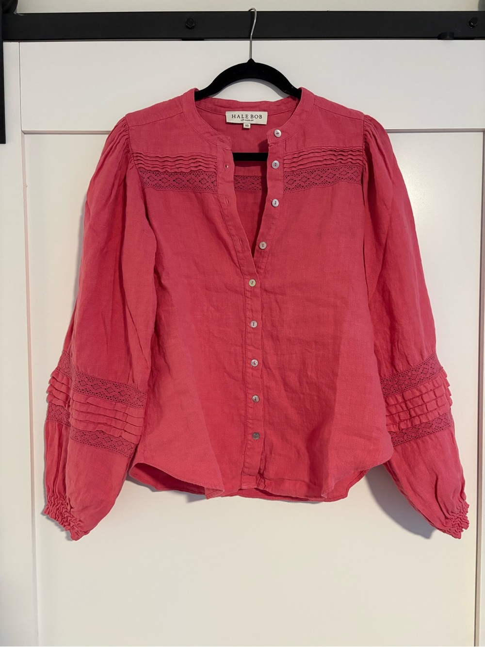 Hale Bob Pink Button-Down Lace Detail Linen Blouse